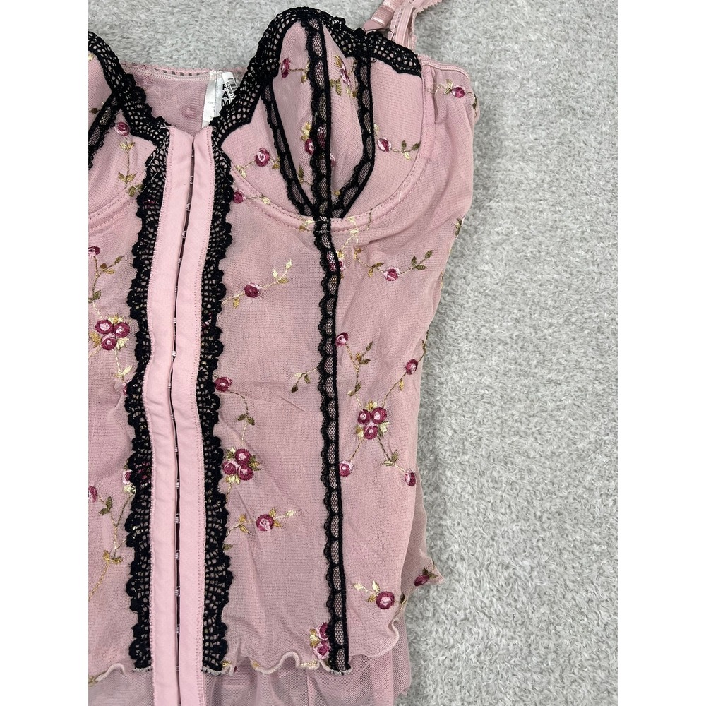 Rampage Pink Floral Embroidered Mesh Bustier Corset Top Black Lace Trim 34B Y2K‎ - Picture 11 of 12